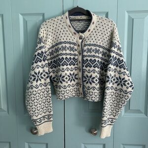 Vintage LL Bean Womens Fair Isle Wool Cropped Sweater Cardigan Med Cabin Cottage